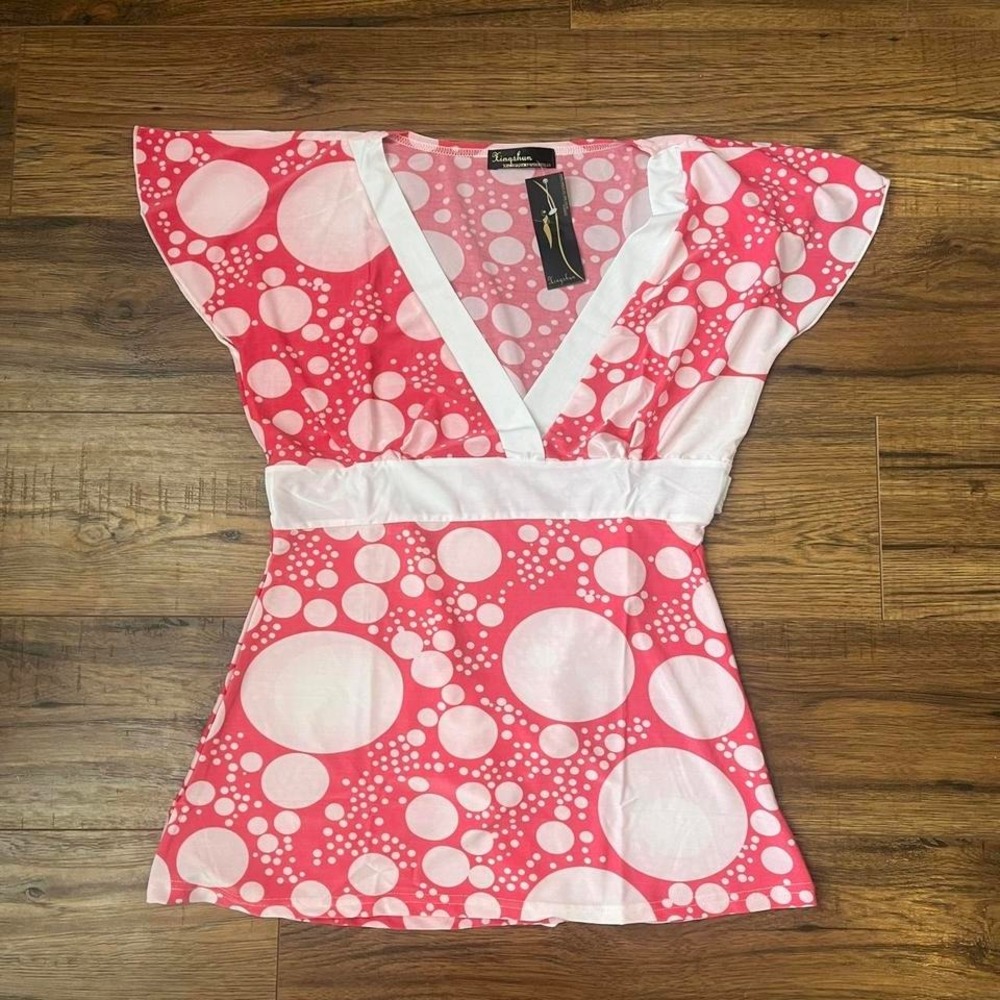 NWT Pink Polka Dot Vneck Y2K‎ Inspired Top Women Small Fairycore Coquette Party